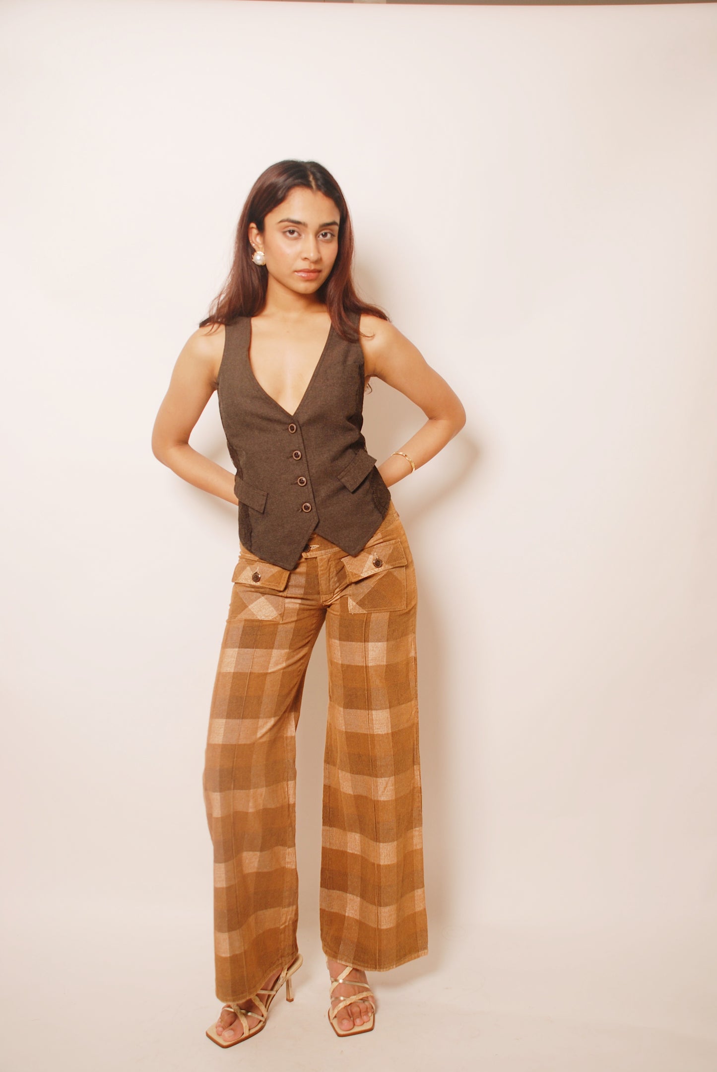 Brown checkered corduroy flared pants