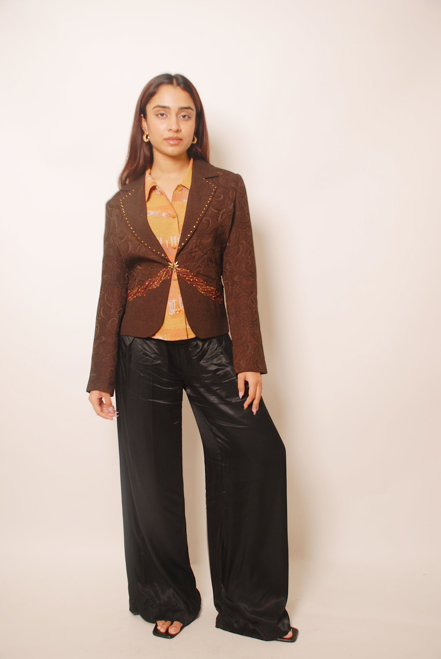 Brown embelished self work blazer