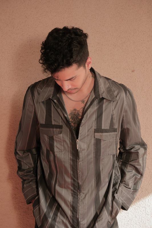 Grey & black stripped zipper shirt