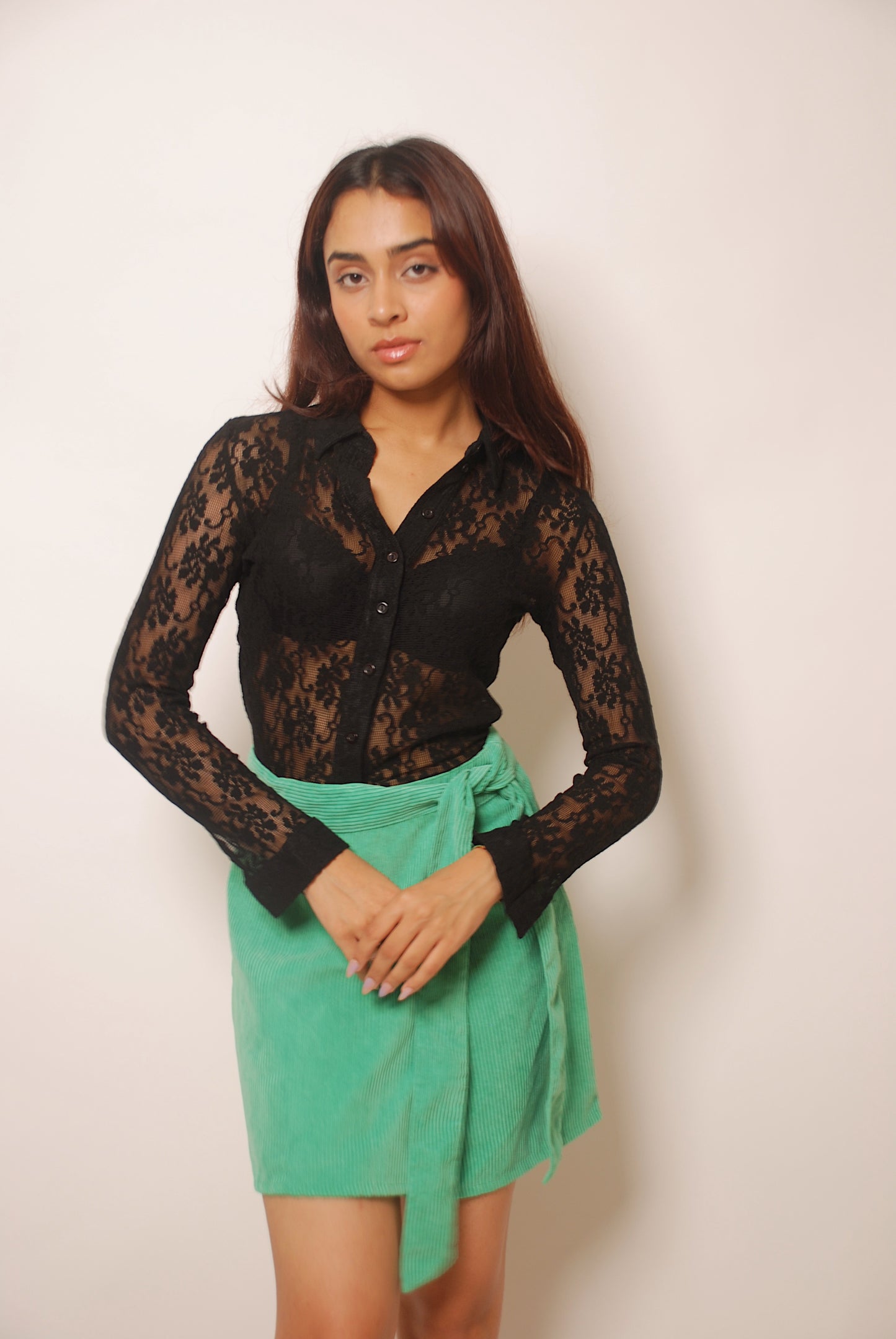 Vintage black solid floral mesh lace shirt