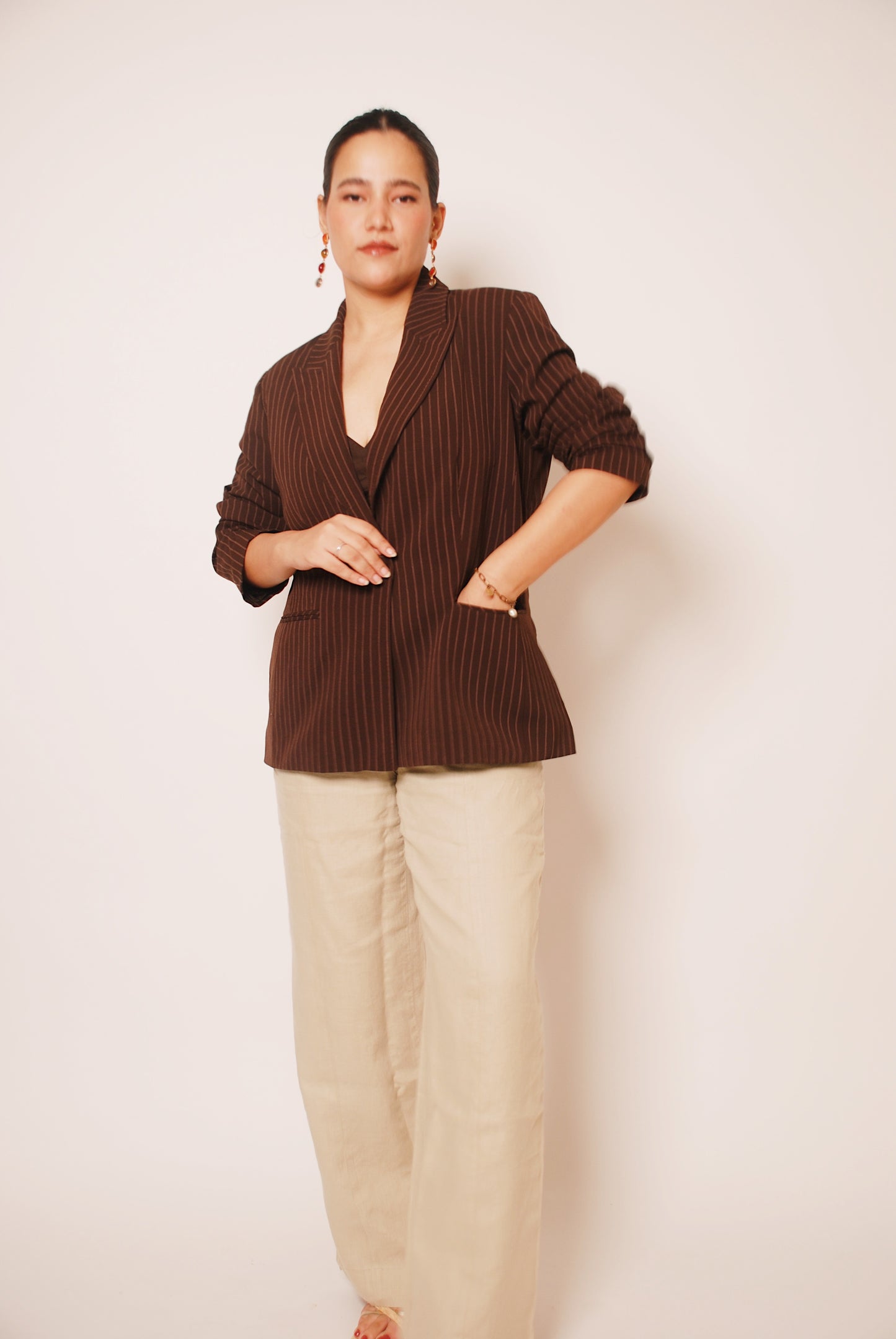 Brown striped one button blazer