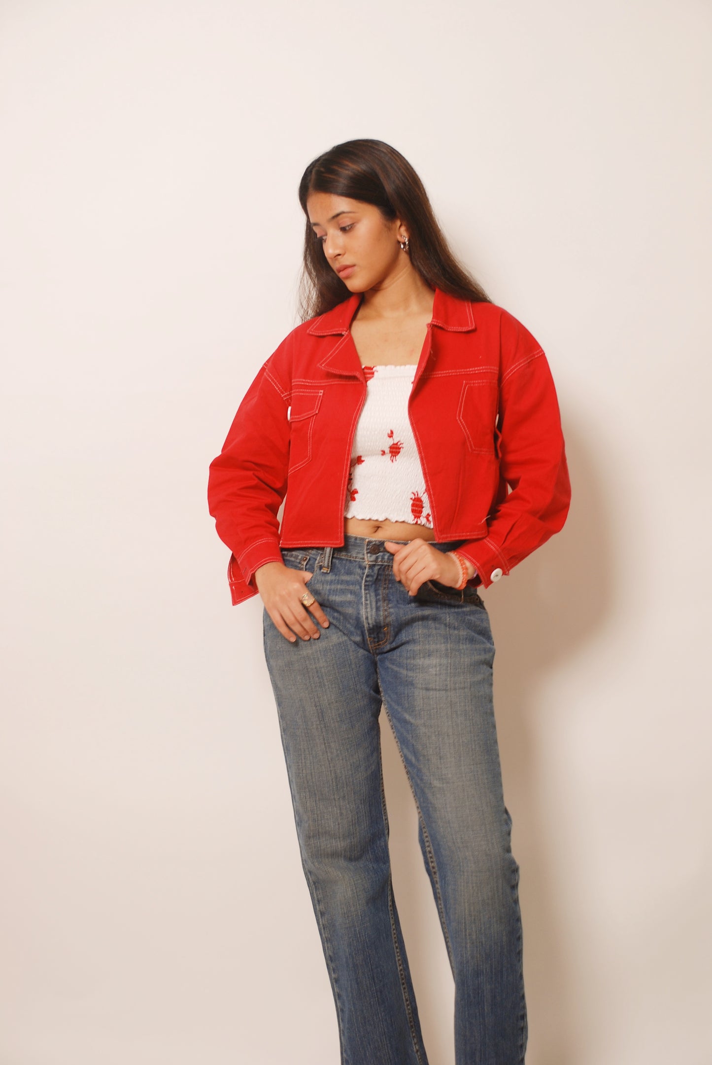 Red cotton denim jacket