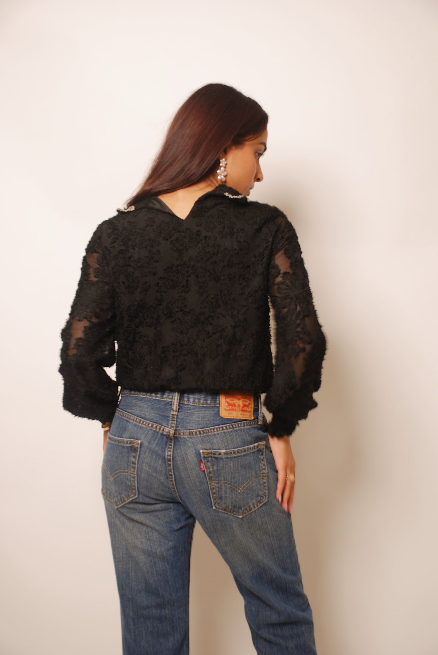 Vintage black textured jumper with pearl ornamental buttons