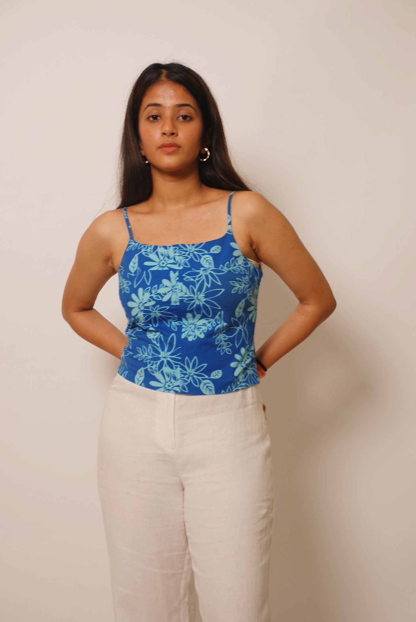 Blue floral print cotton spaghetti top