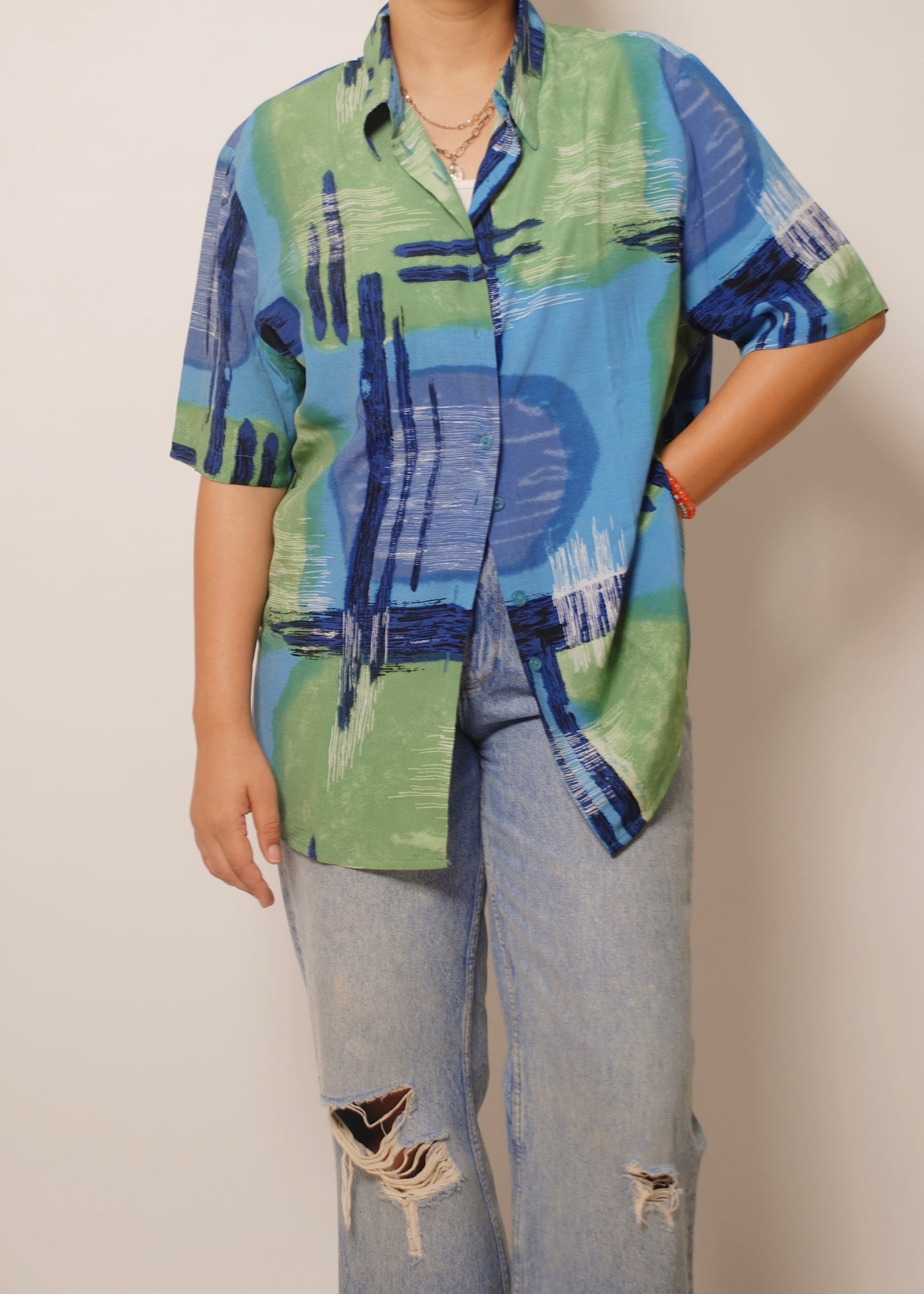 Green & blue printed short sleeve shirt