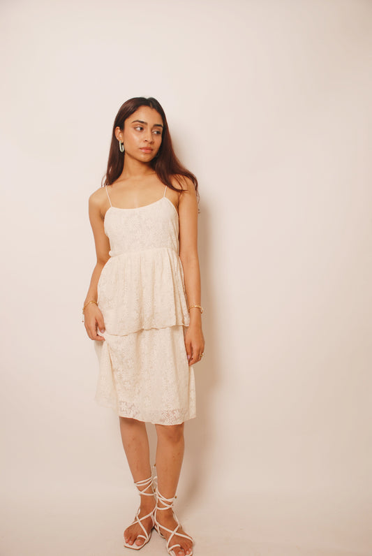 Cream tiered lace dress with spaghetti straps