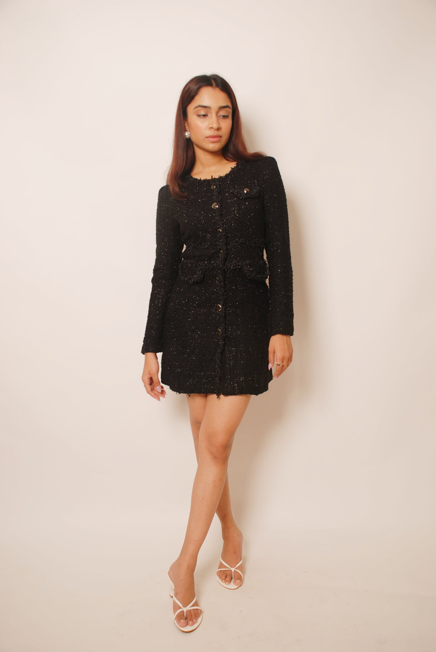 Vintage black lurex jeweled tweed coat dress