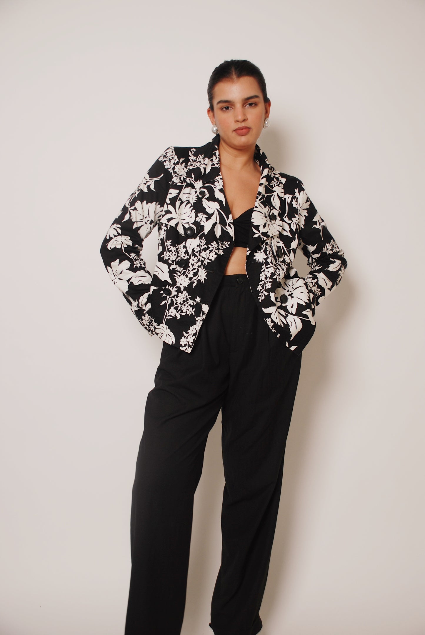 Black & white floral double breasted jacket