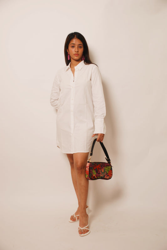 White solid cotton shirt dress