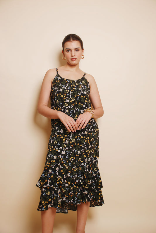 Black floral midi dress