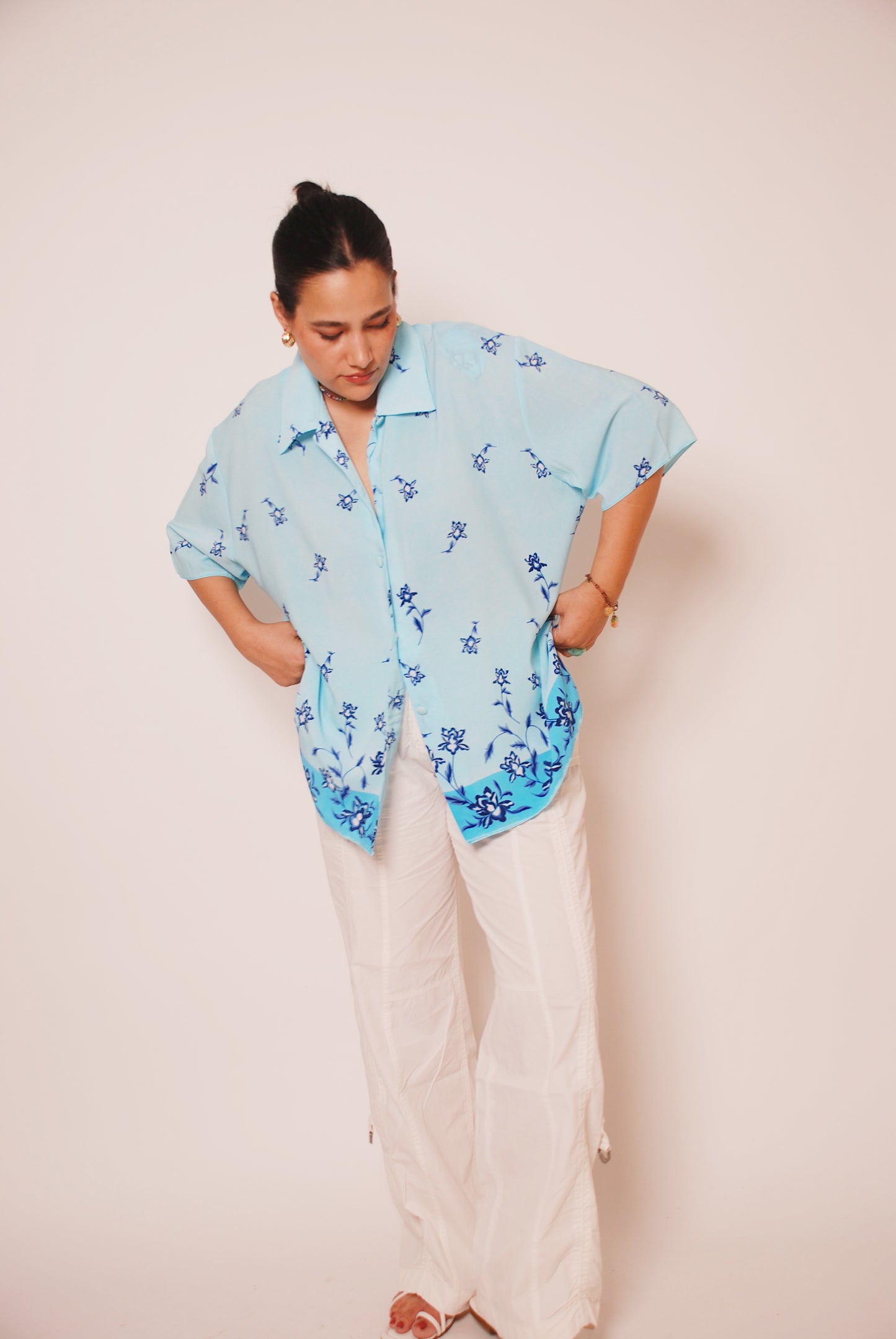 Light blue floral button-up shirt