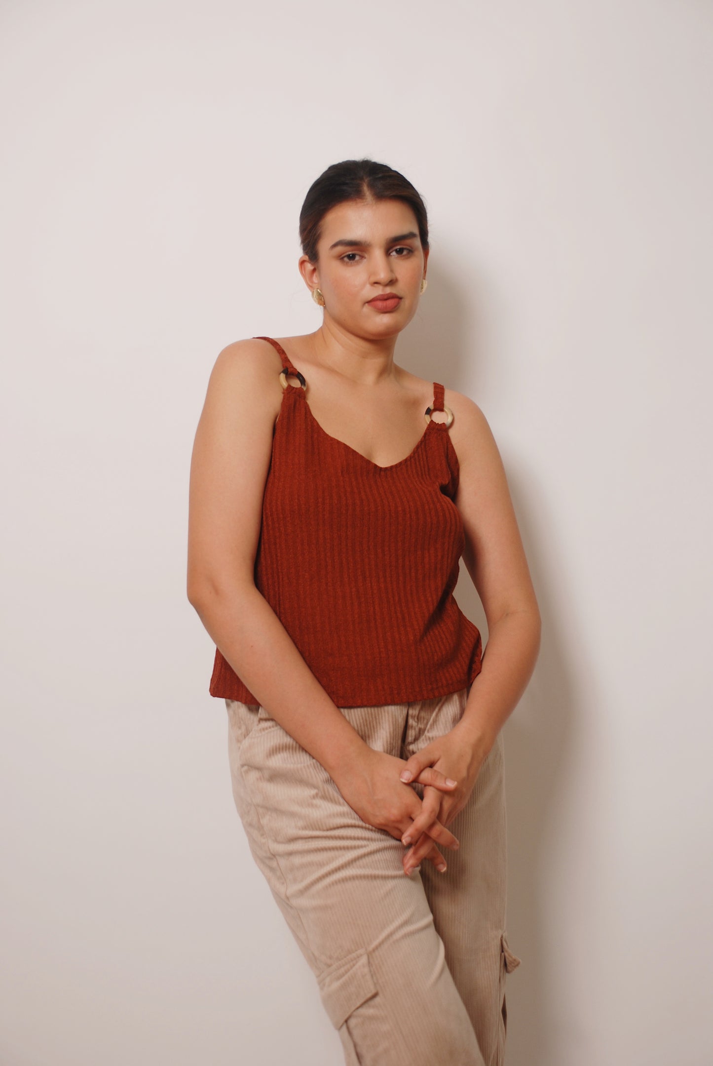 Brown spaghetti strap knit top