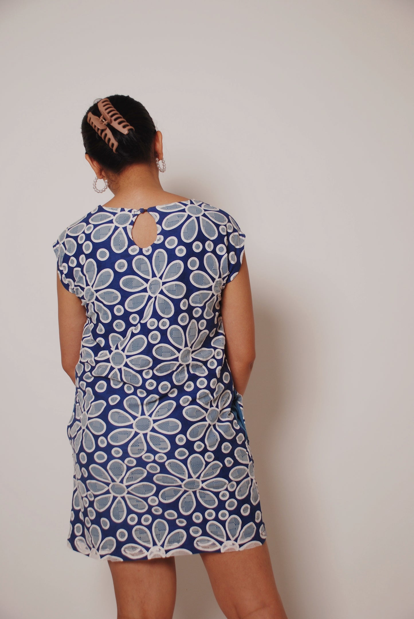 White & blue floral shift dress