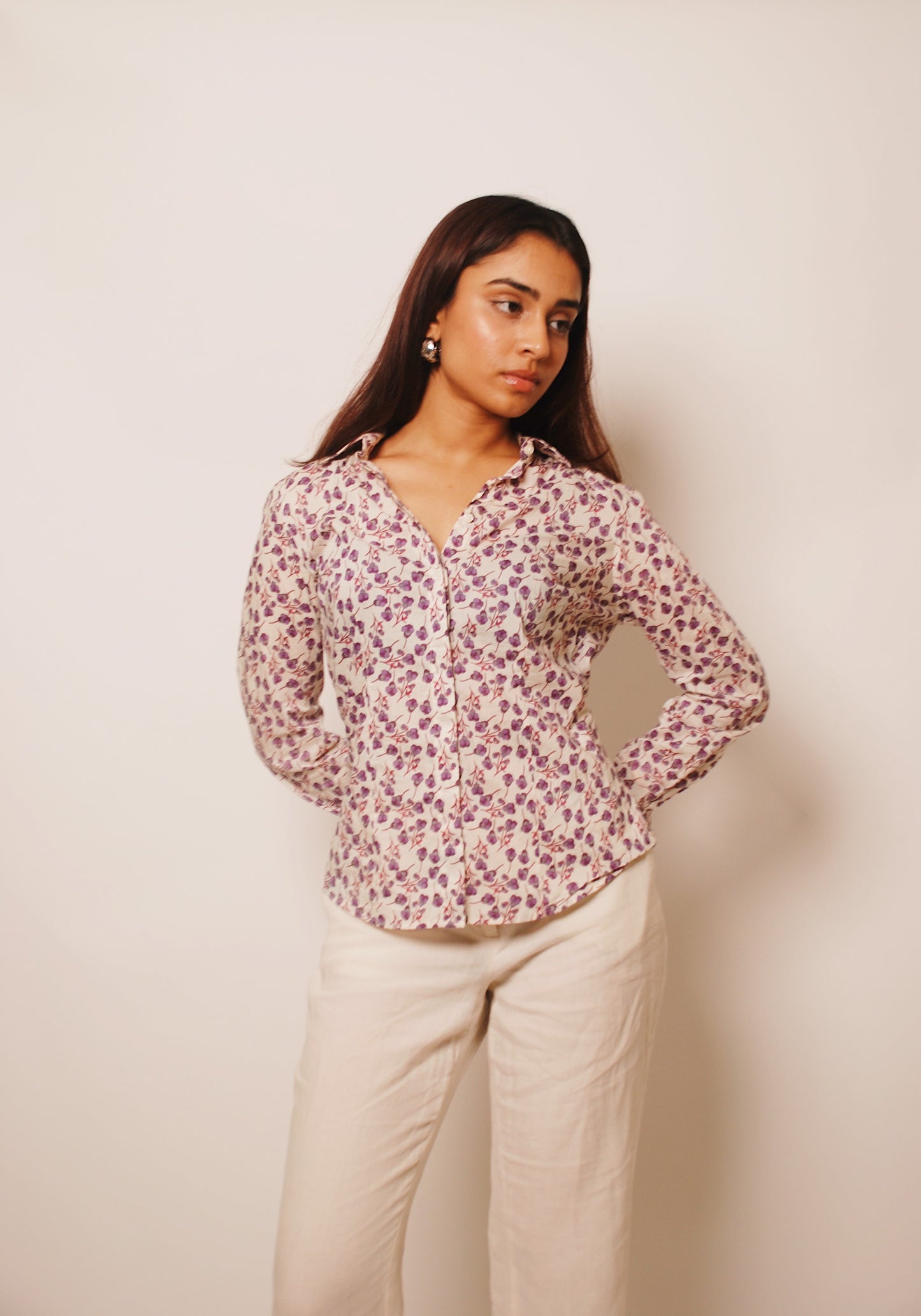 White floral cotton button-up shirt