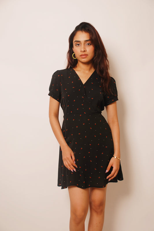 Navy fit and flare printed dress