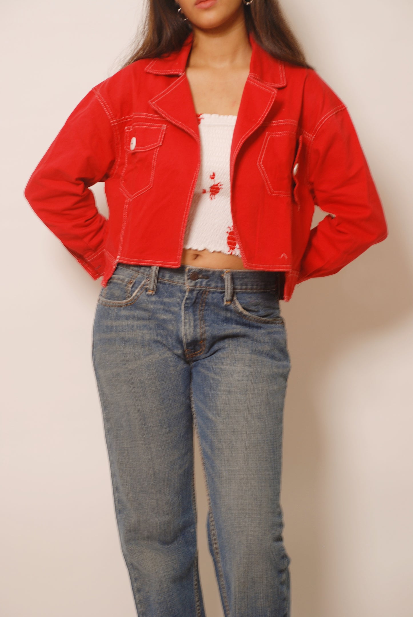 Red cotton denim jacket