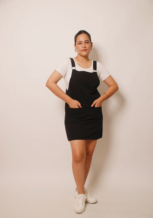 Black dungaree cotton mini dress