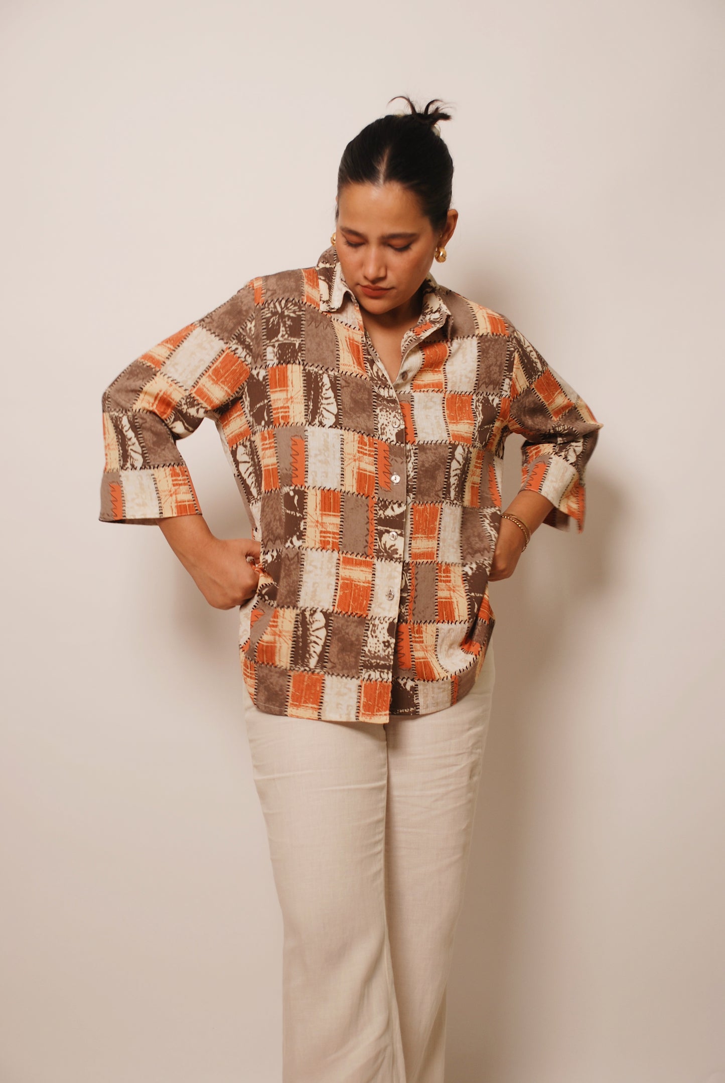 Vintage multicolored micro pleats print shirt