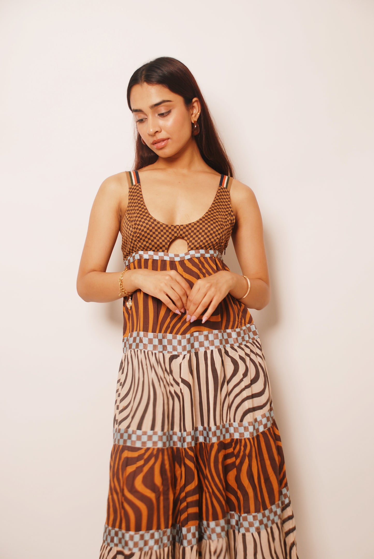 Rust tiered printed dress