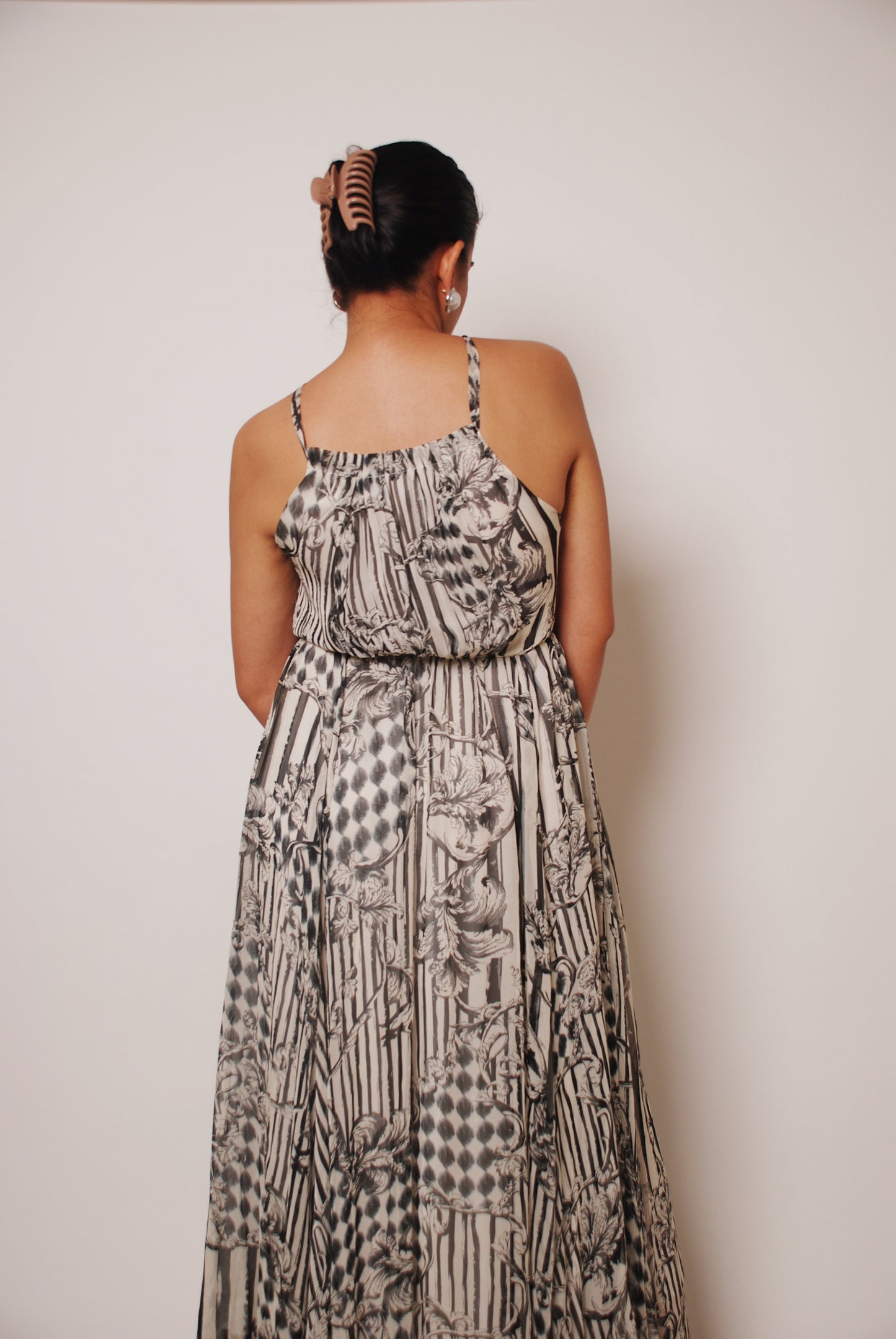 White & black printed halter maxi dress