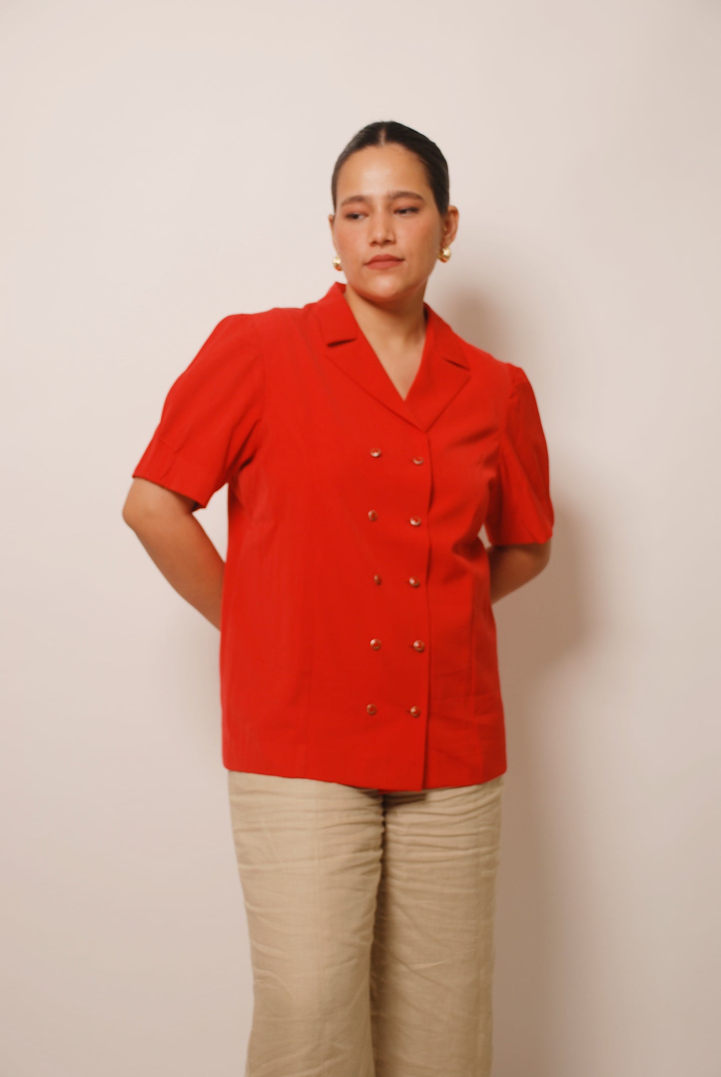 Red double breasted shirt with ornamental buttons