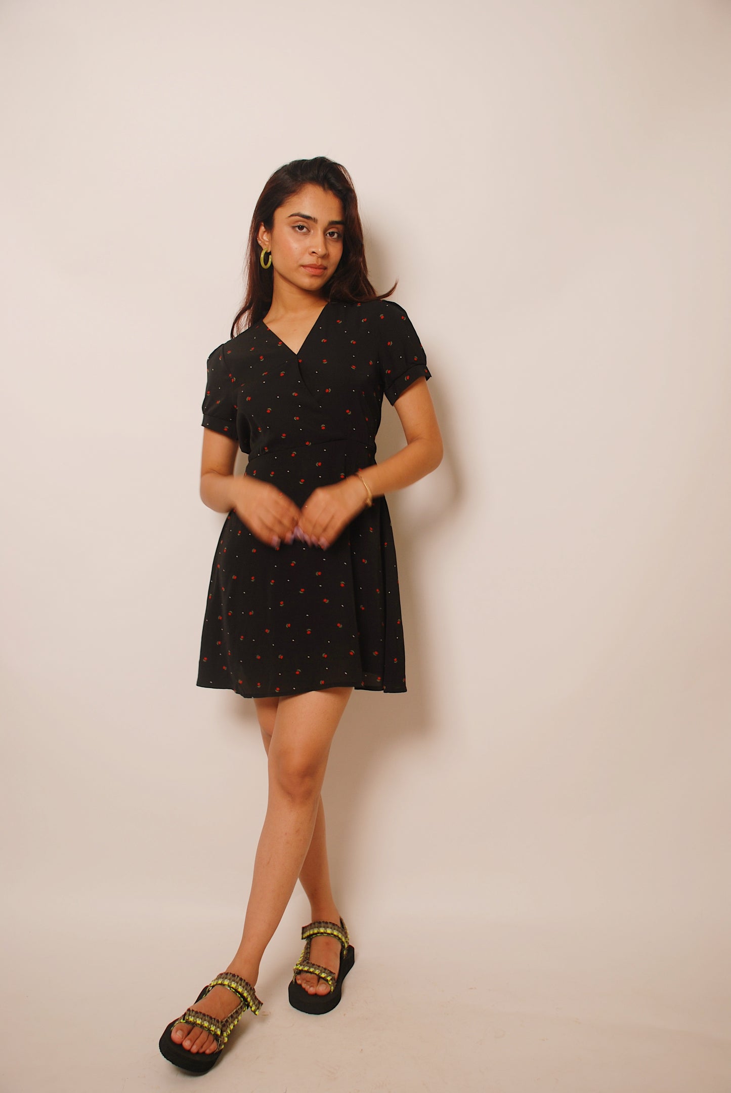 Navy fit and flare printed dress