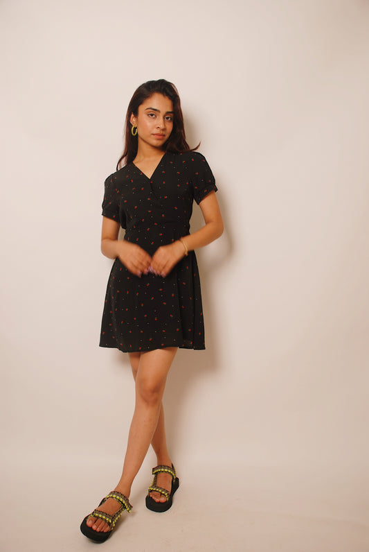 Navy fit and flare printed dress