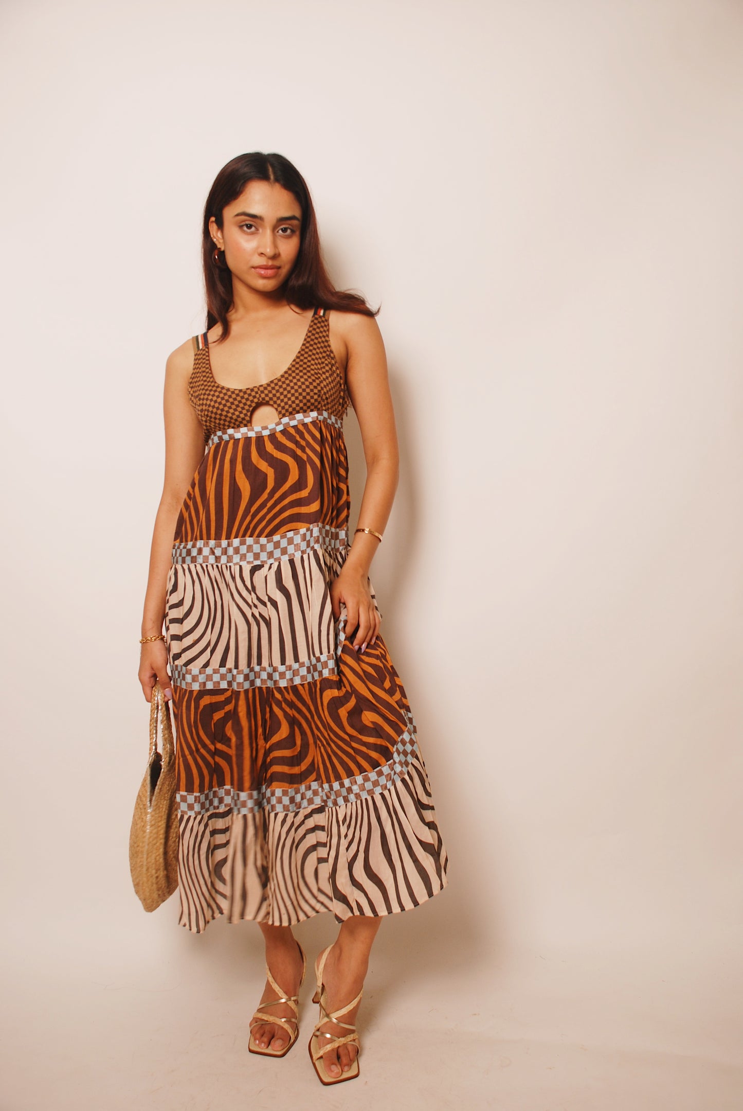 Rust tiered printed dress