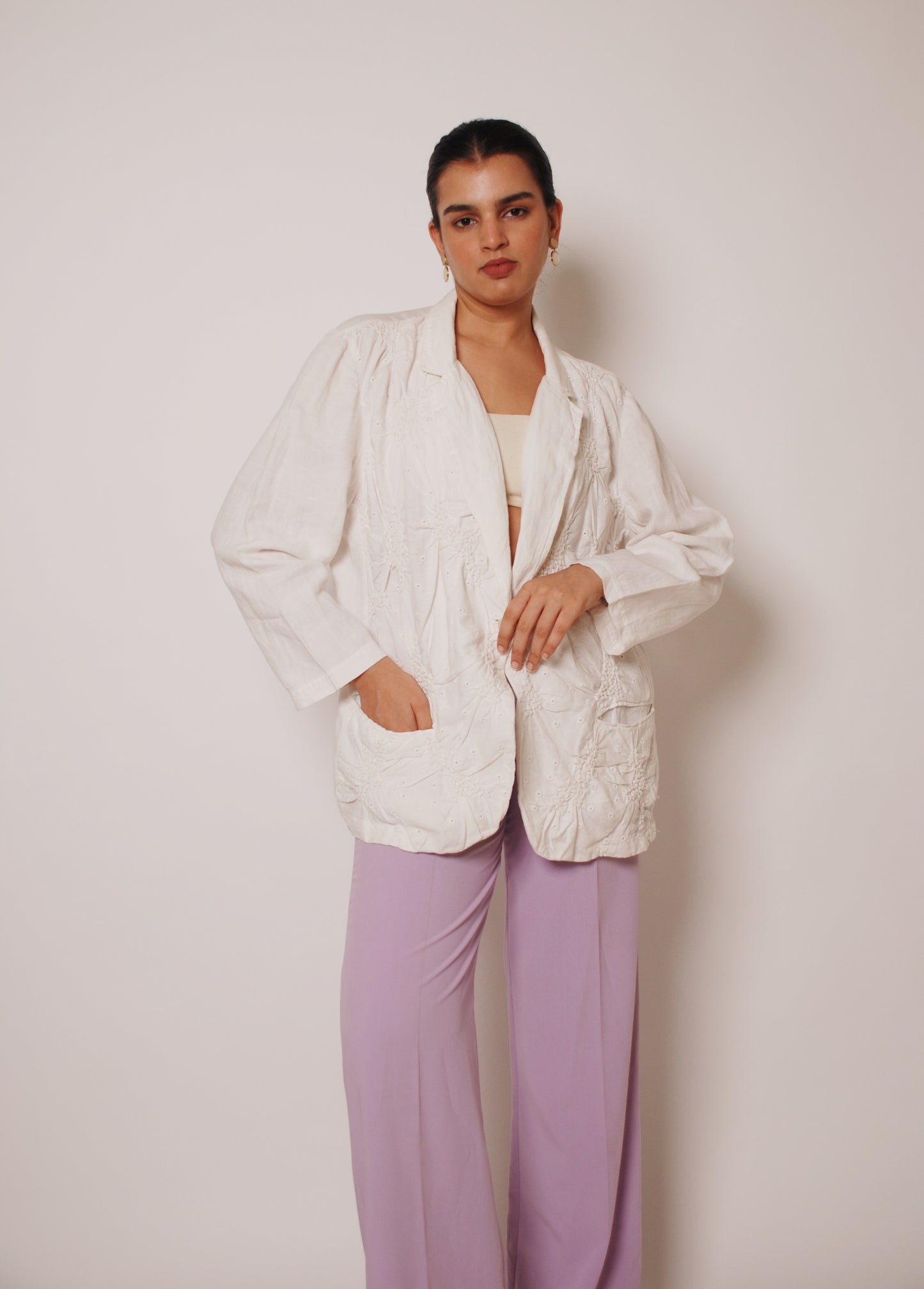 White embroidered self work blazer