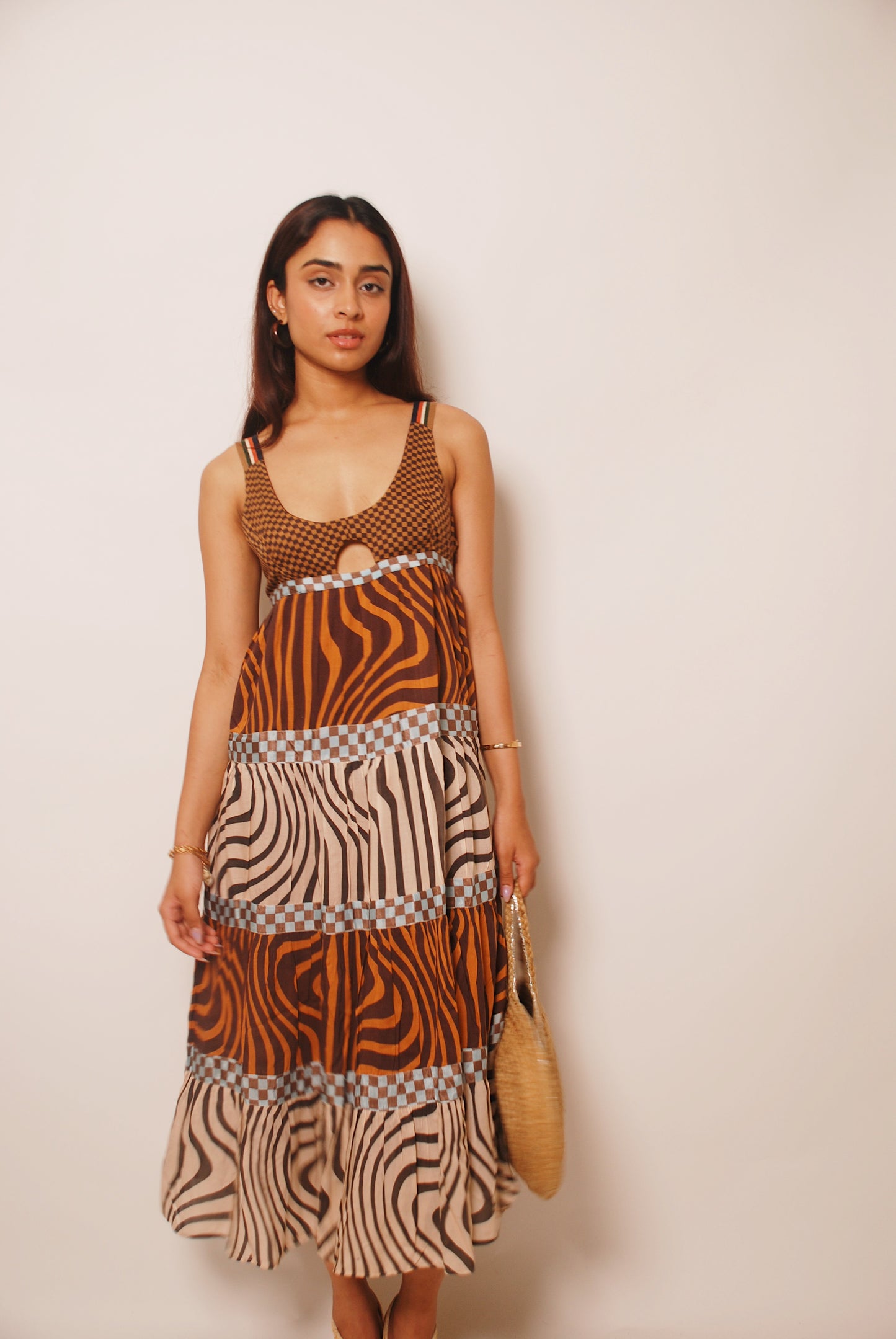 Rust tiered printed dress