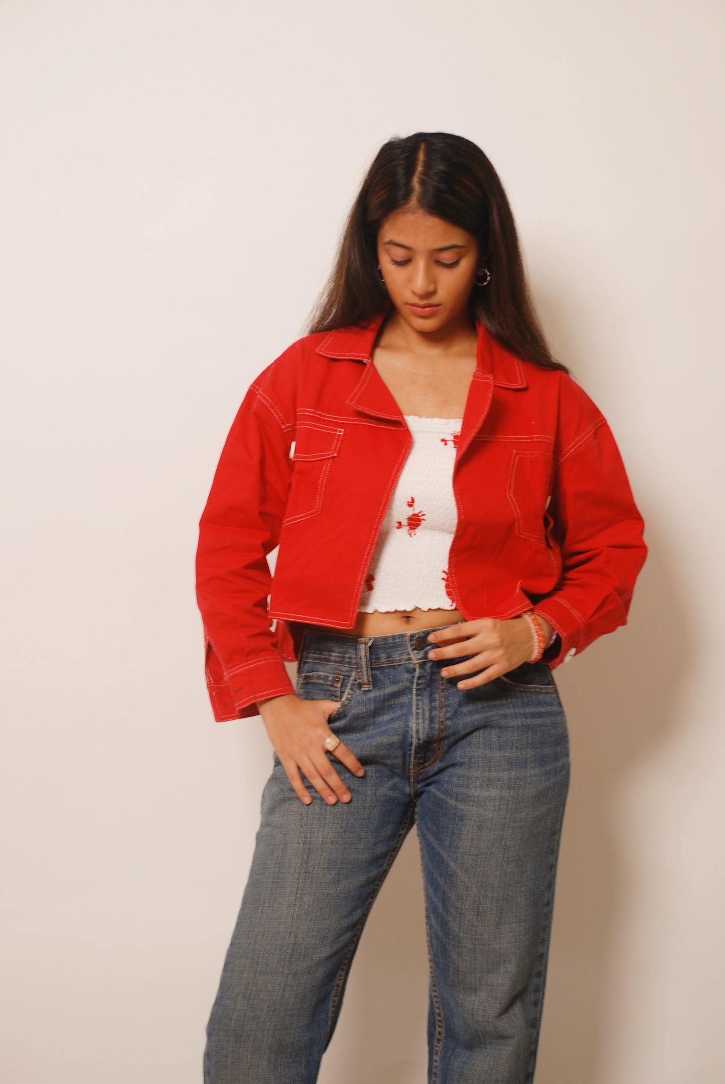 Red cotton denim jacket