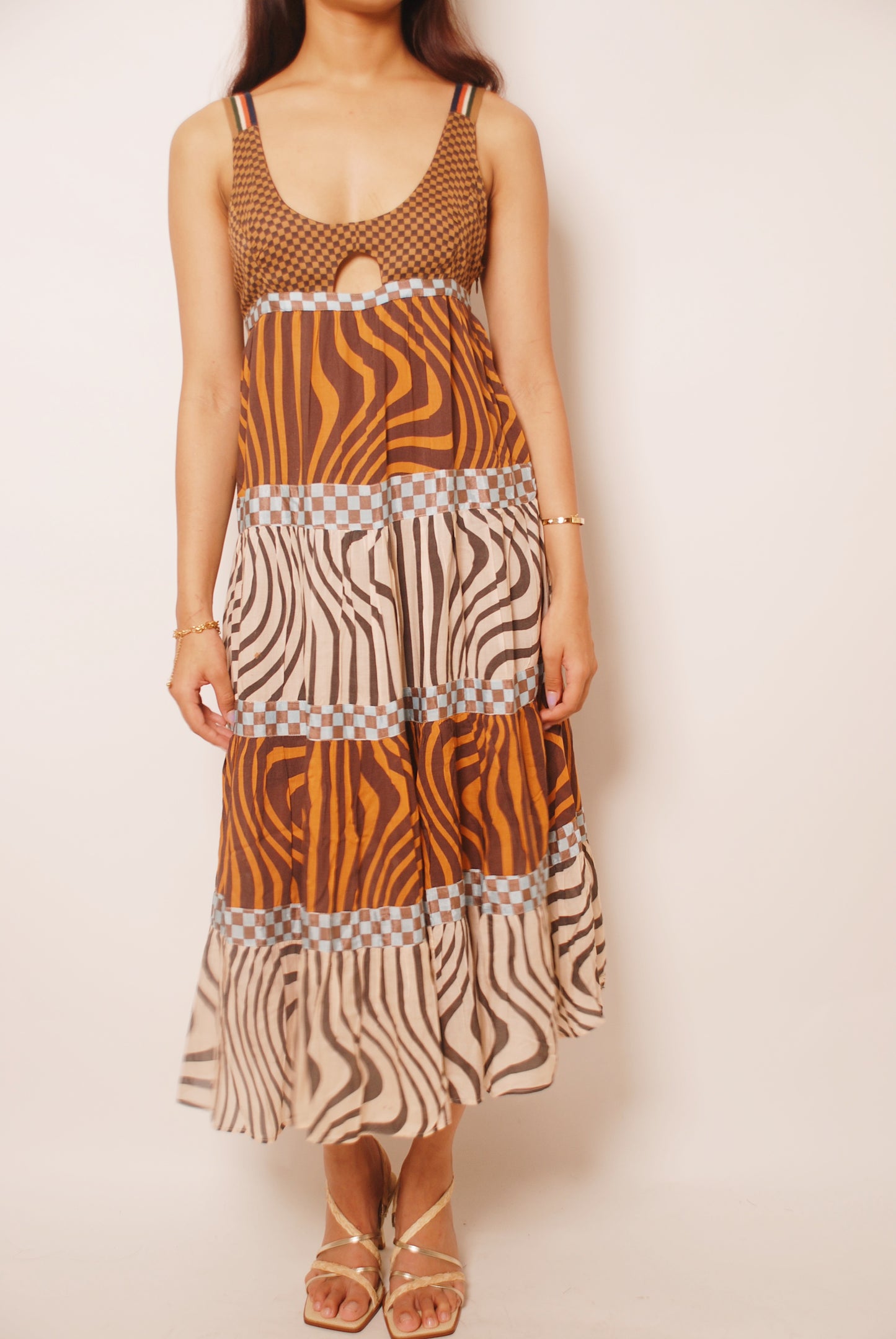 Rust tiered printed dress