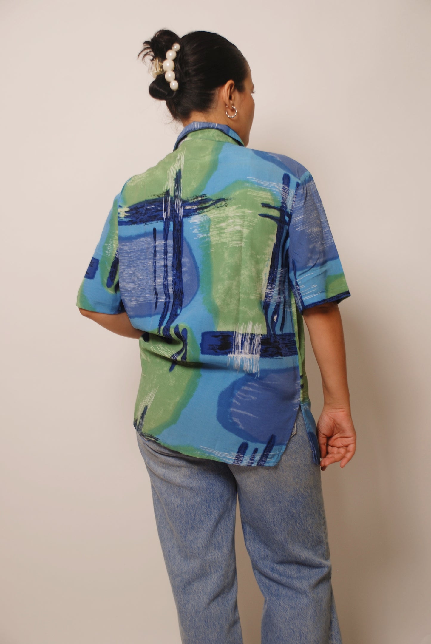 Green & blue printed short sleeve shirt