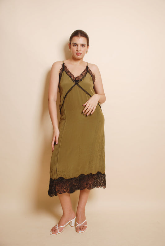 Olive lace midi dress