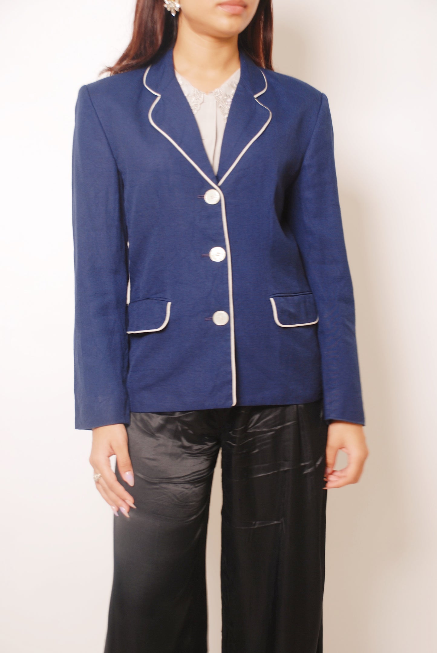 Vintage dark blue blazer with white piping