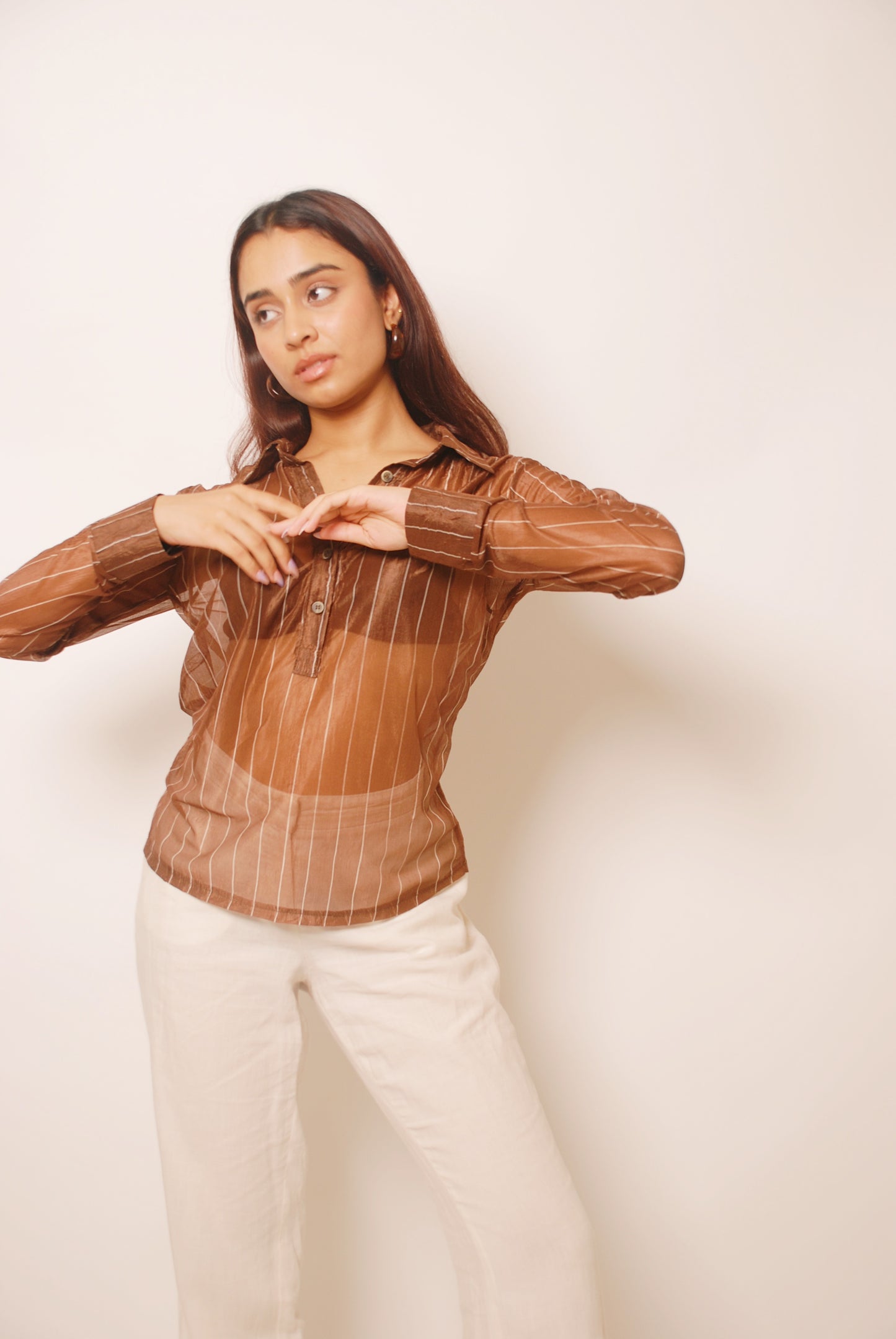 Brown striped mesh shirt