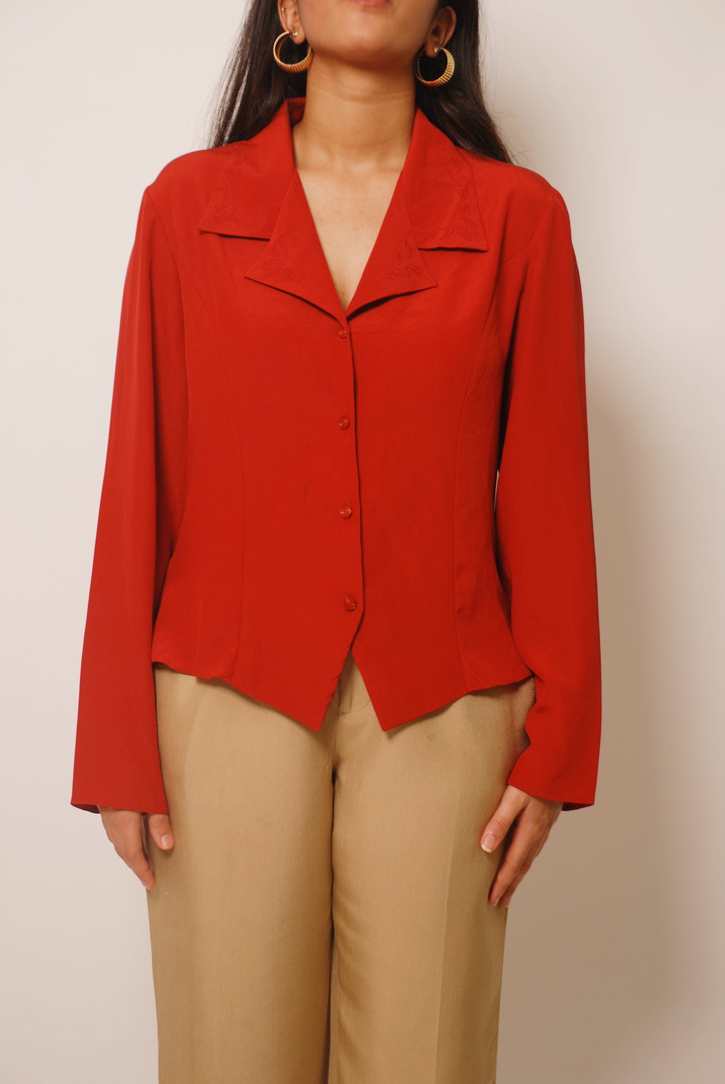 Vintage red shirt with embroidered collar