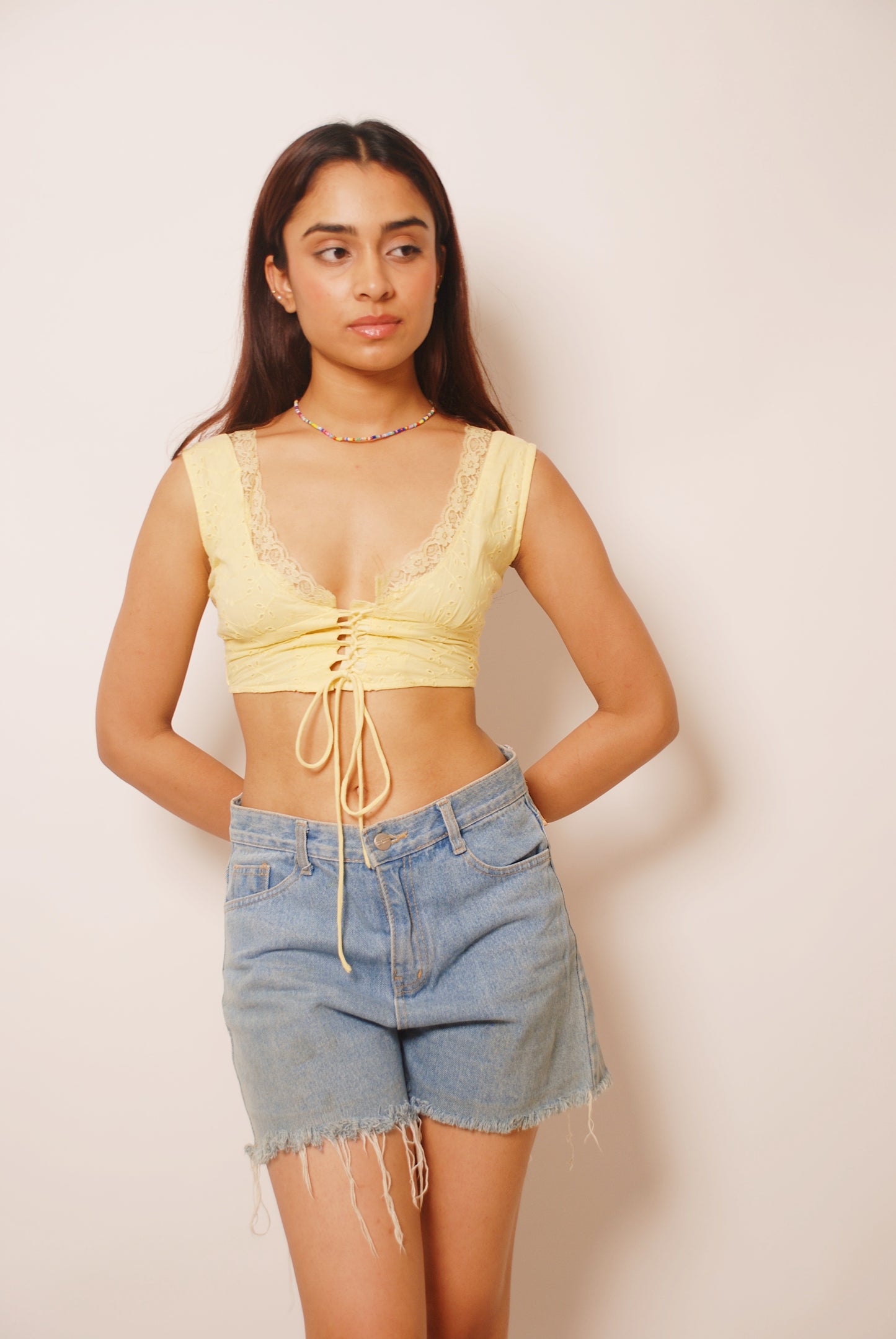 Lime yellow cotton top with lace detailing