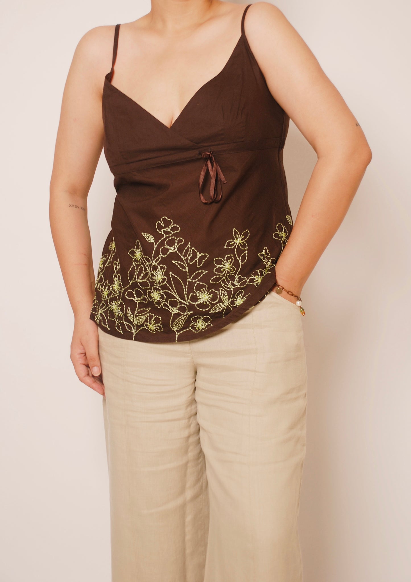 Brown spaghetti top with hand embroidered florals