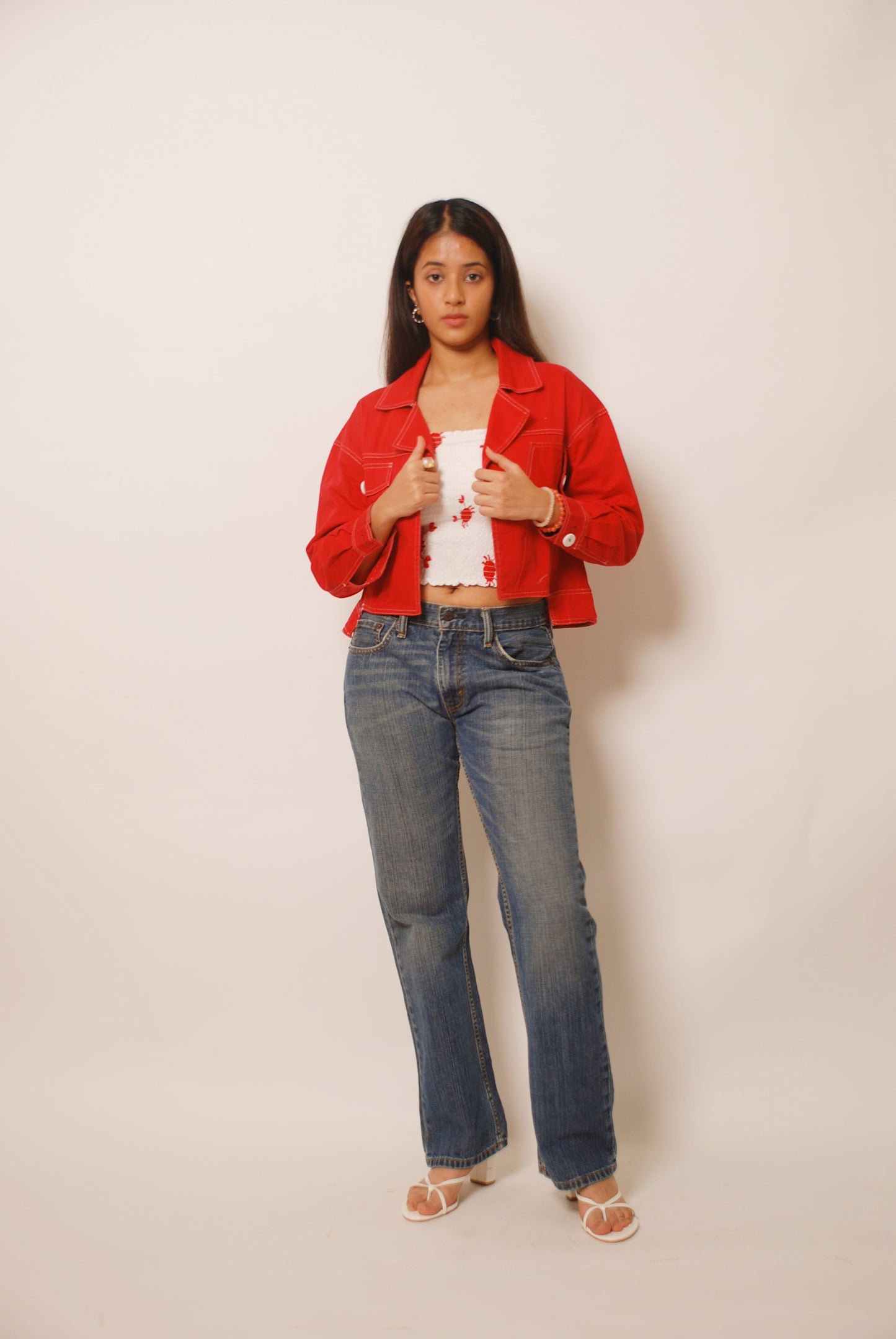 Red cotton denim jacket