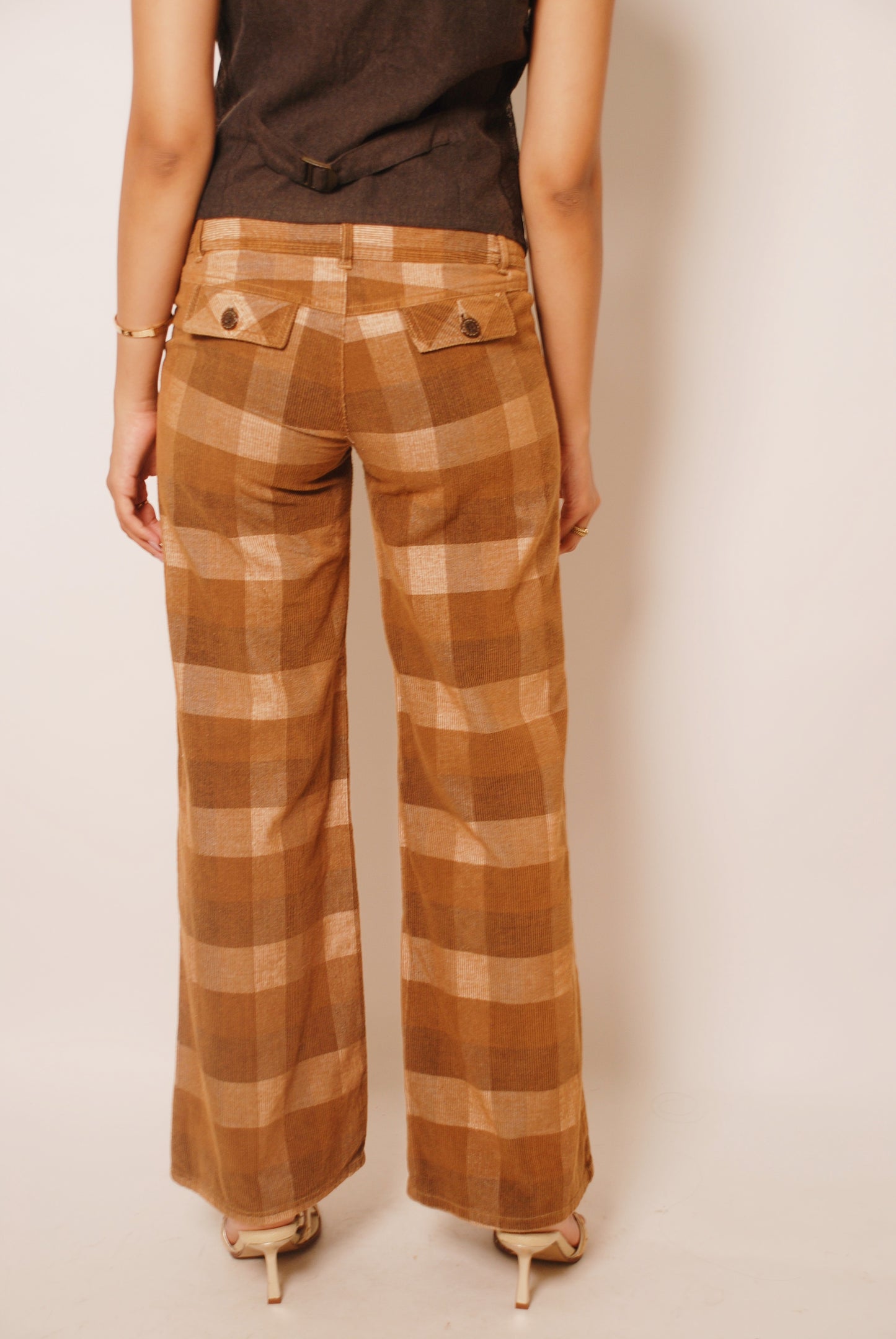 Brown checkered corduroy flared pants