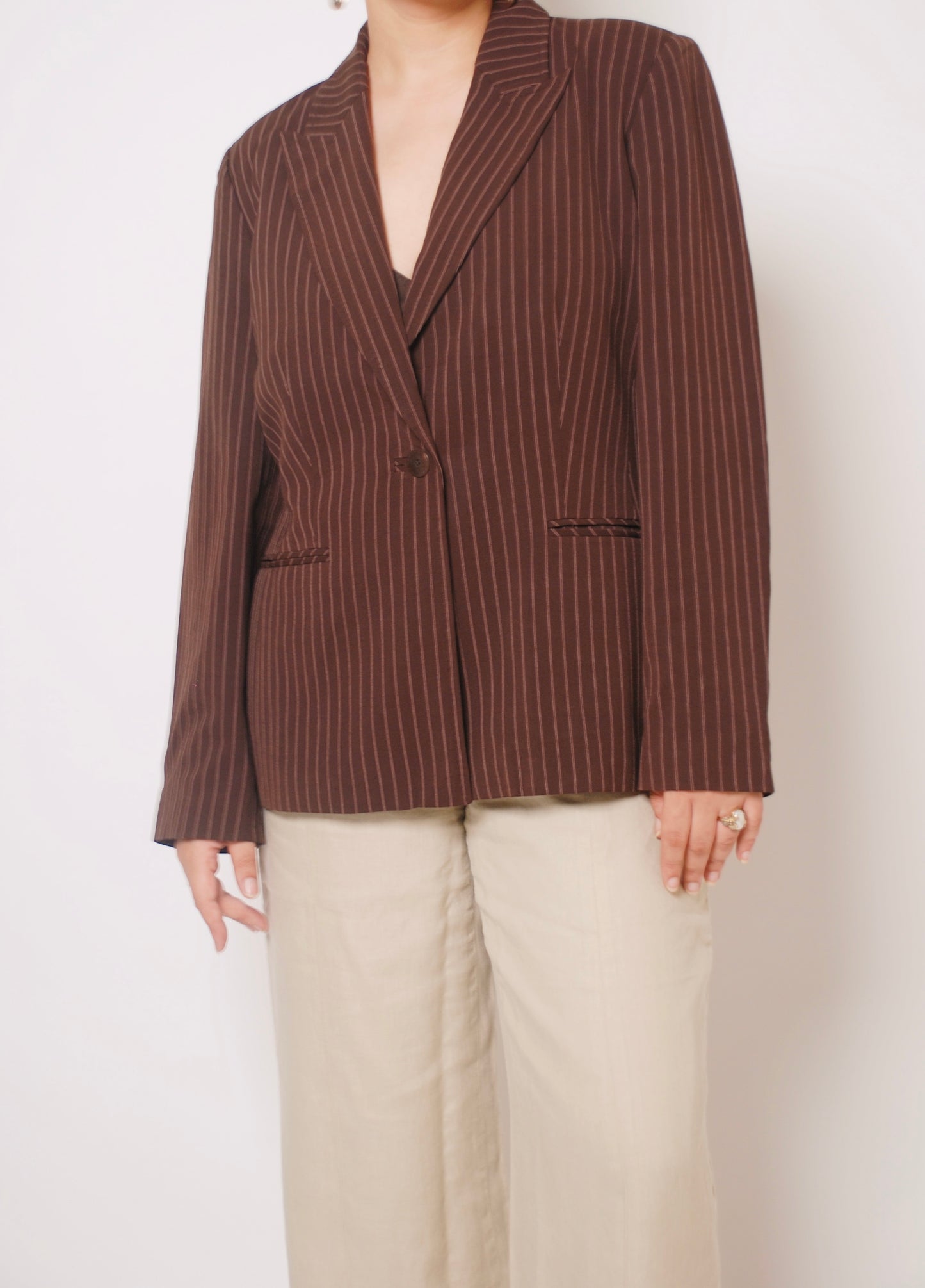 Brown striped one button blazer