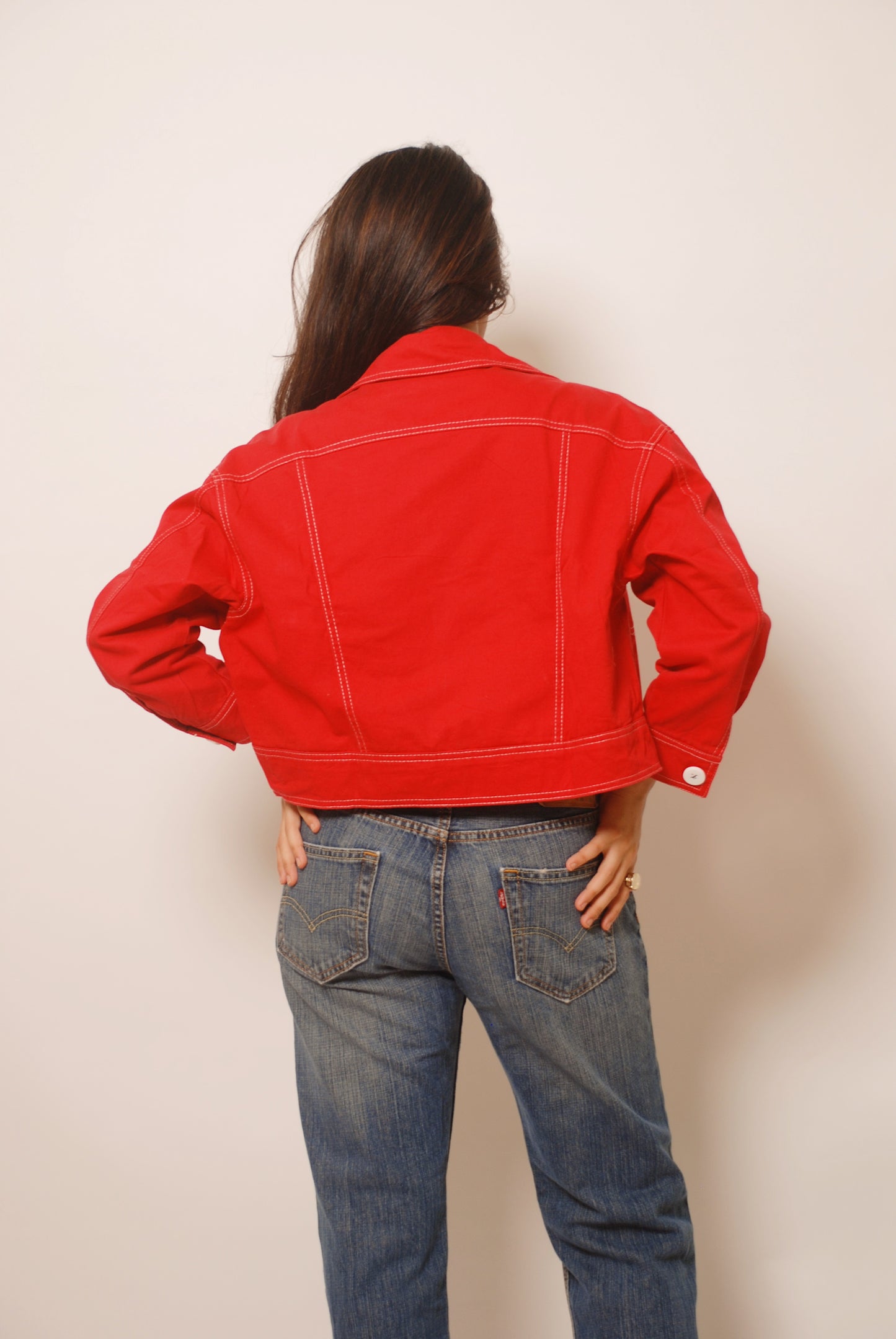 Red cotton denim jacket