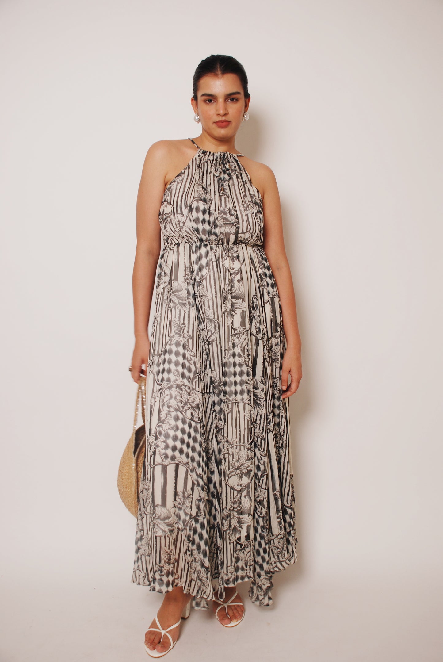 White & black printed halter maxi dress