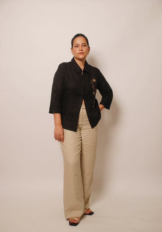 Black linen shirt with beige floral embroidery