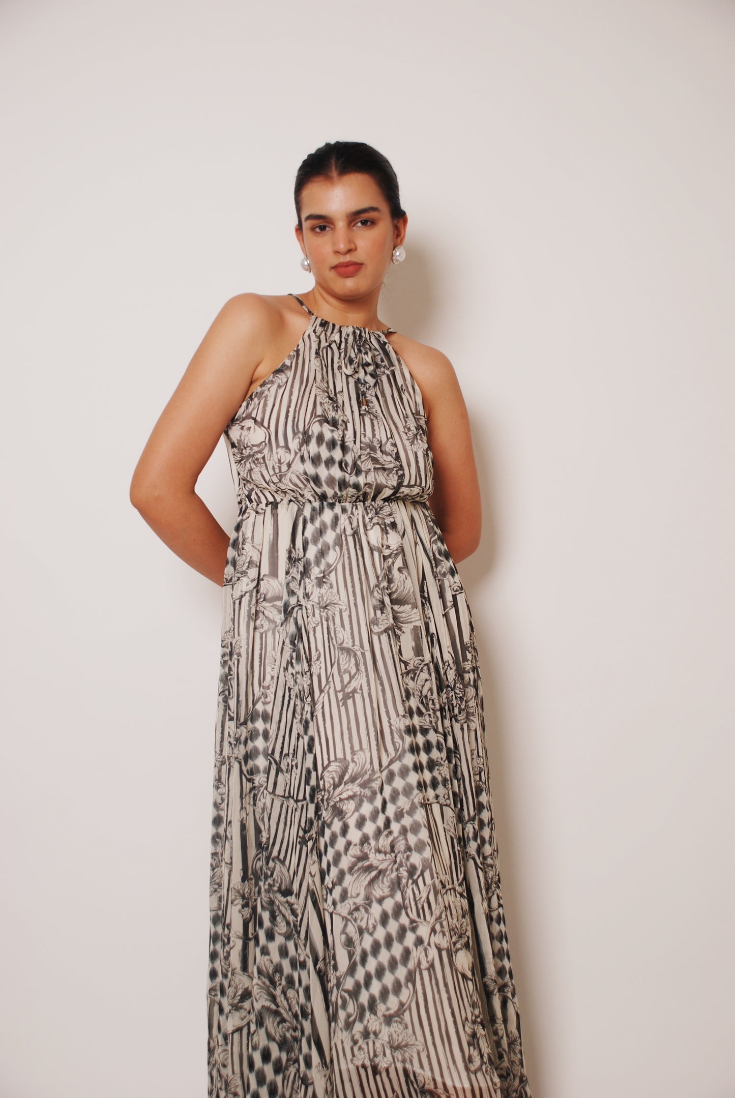 White & black printed halter maxi dress