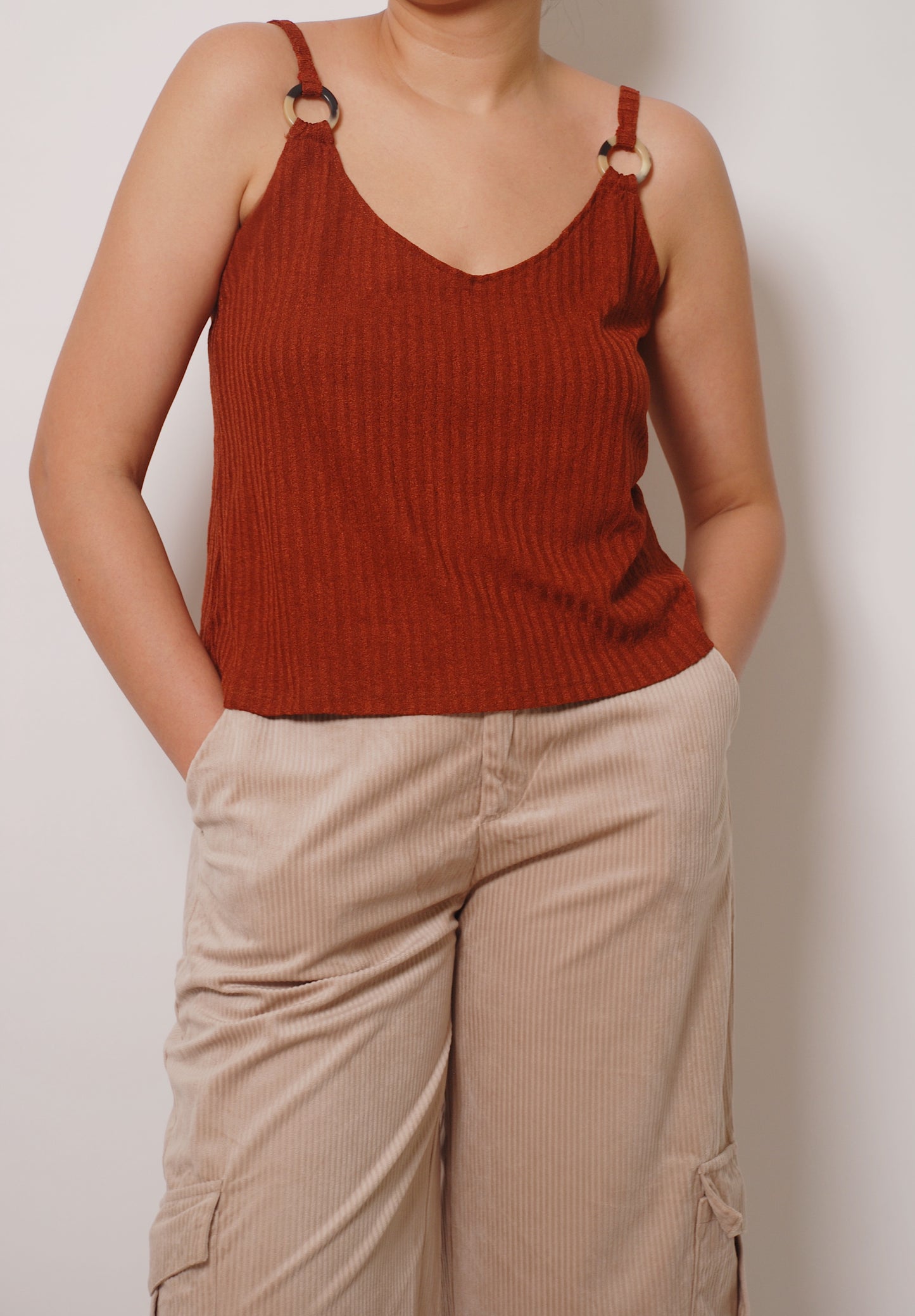 Brown spaghetti strap knit top