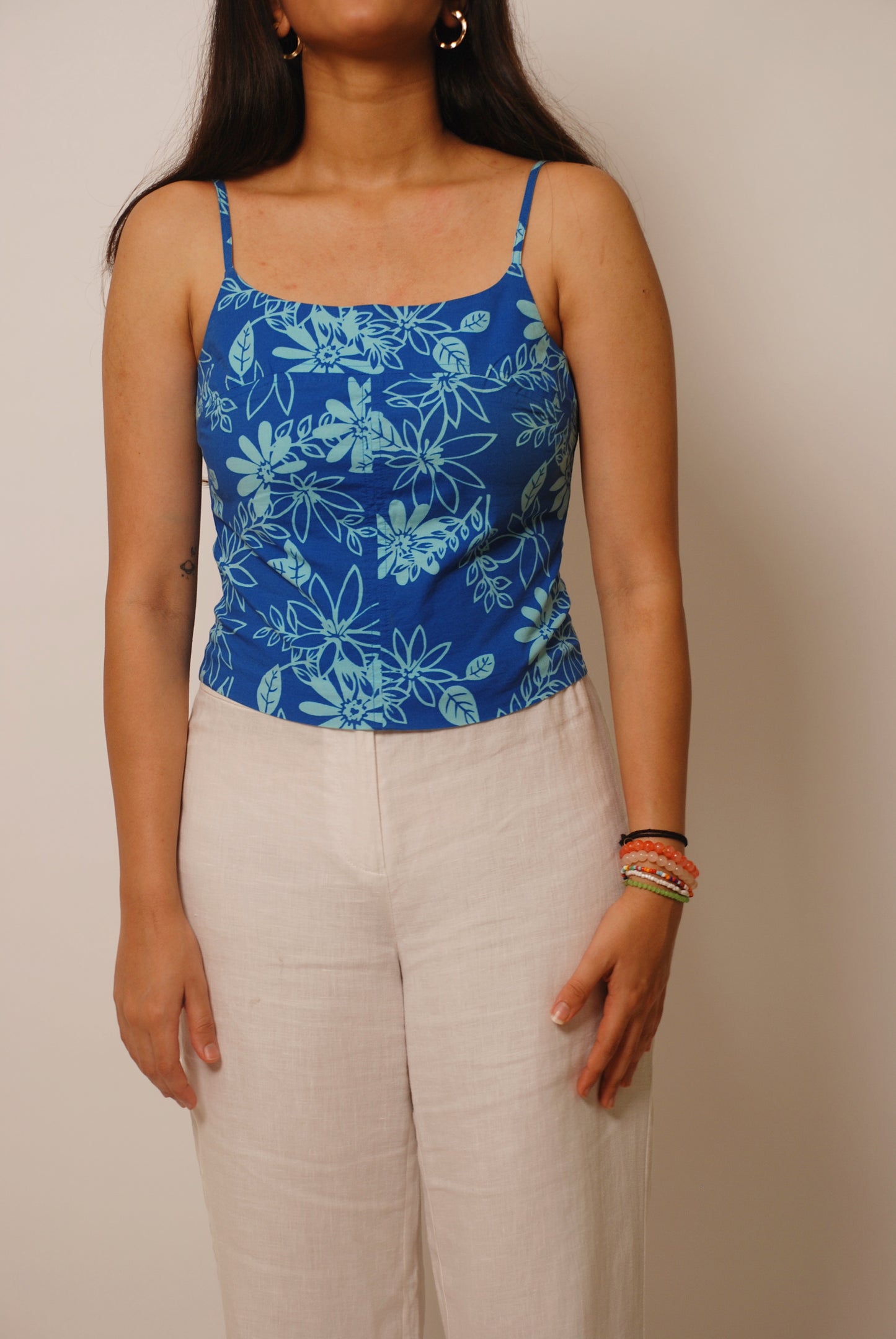 Blue floral print cotton spaghetti top