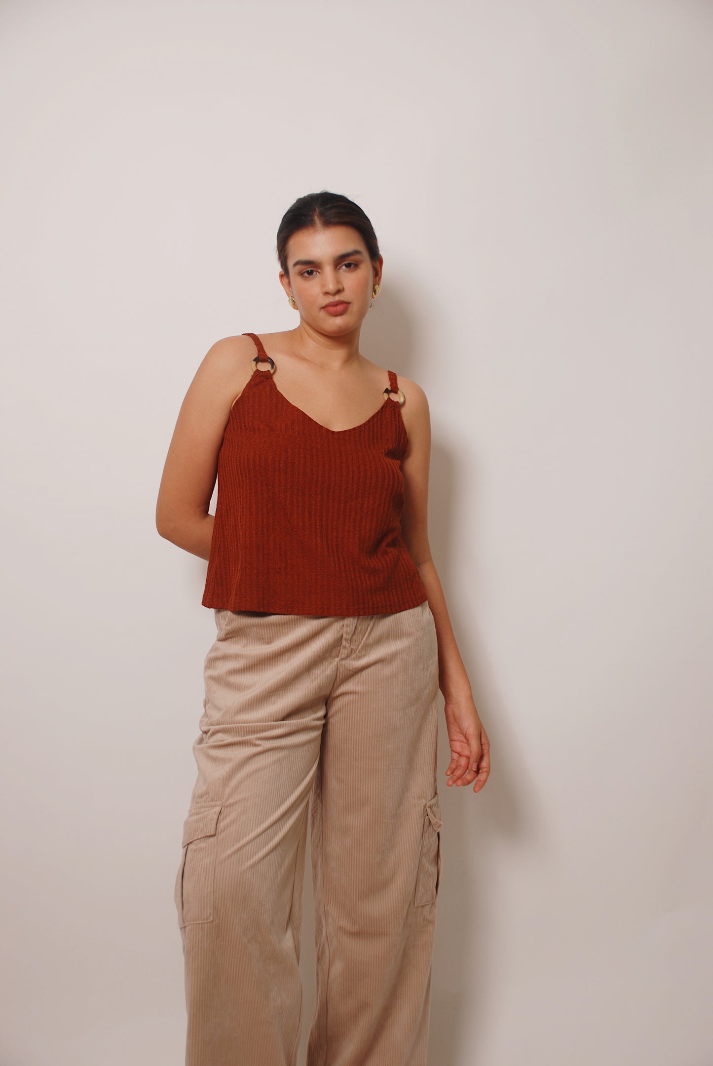 Brown spaghetti strap knit top