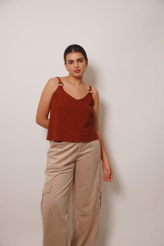 Brown spaghetti strap knit top